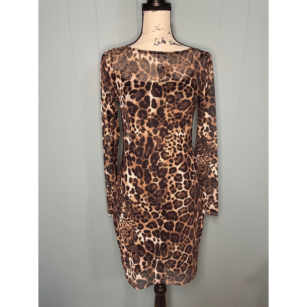Express Mesh Bodycon Dress Women M Brown NWT Leopard Print Long Sleeve Sheer